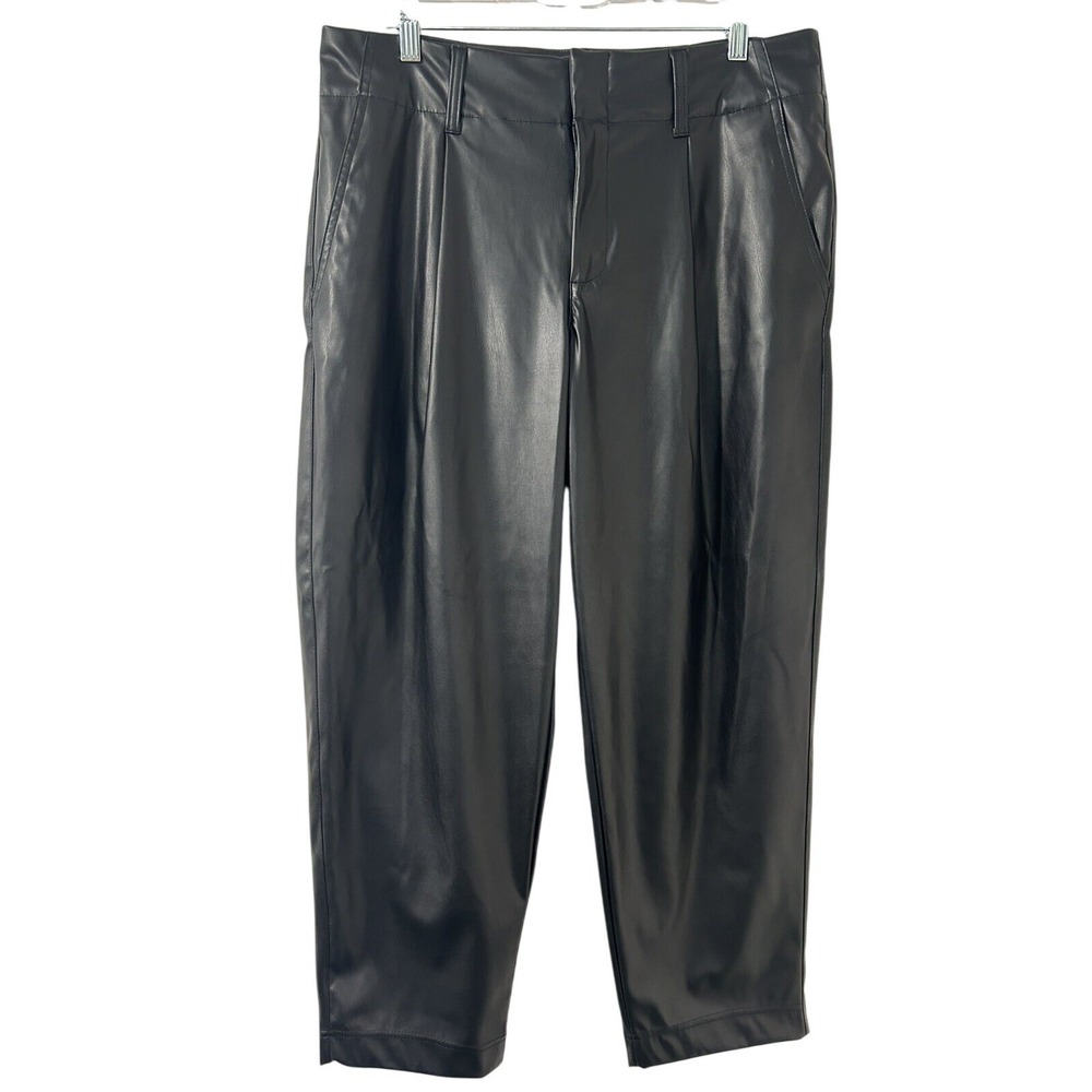 A New Day Womens Black Faux Leather Pleated Tapered Ankle Trousers High Rise‎ 16